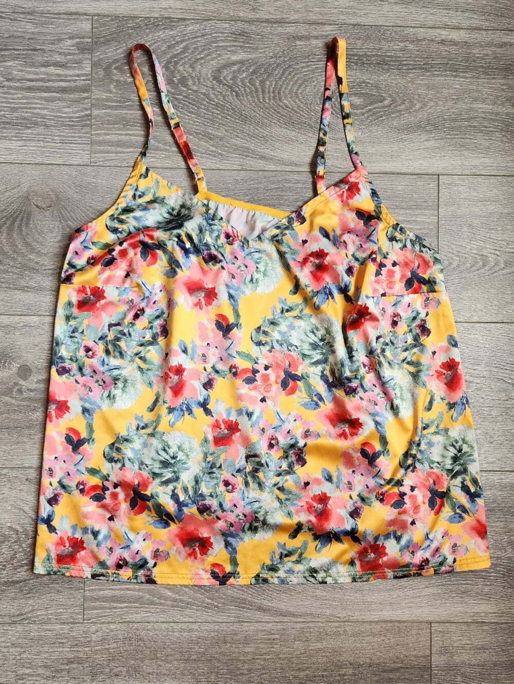 Satin Yellow Watercolor Floral Spaghetti Strap Tank Top Fairy Garden